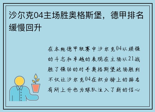沙尔克04主场胜奥格斯堡，德甲排名缓慢回升