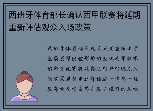 西班牙体育部长确认西甲联赛将延期重新评估观众入场政策