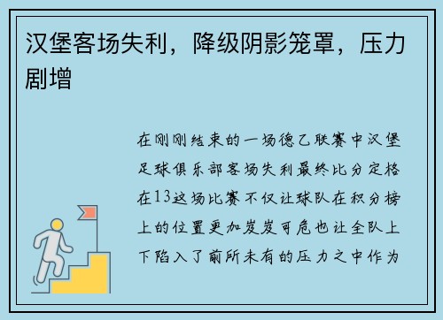 汉堡客场失利，降级阴影笼罩，压力剧增